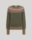An olive green knit sweater with a multicolor Fair Isle pattern across the yoke and ribbed brown cuffs and hem, shown on a neutral gray background.