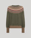 An olive green knit sweater with a multicolor Fair Isle pattern across the yoke and ribbed brown cuffs and hem, shown against a solid gray background.