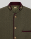 Close-up of a men's jacket featuring a dark olive green herringbone pattern, deep burgundy velvet trim on the collar and front placket, and ornate gold-tone buttons.