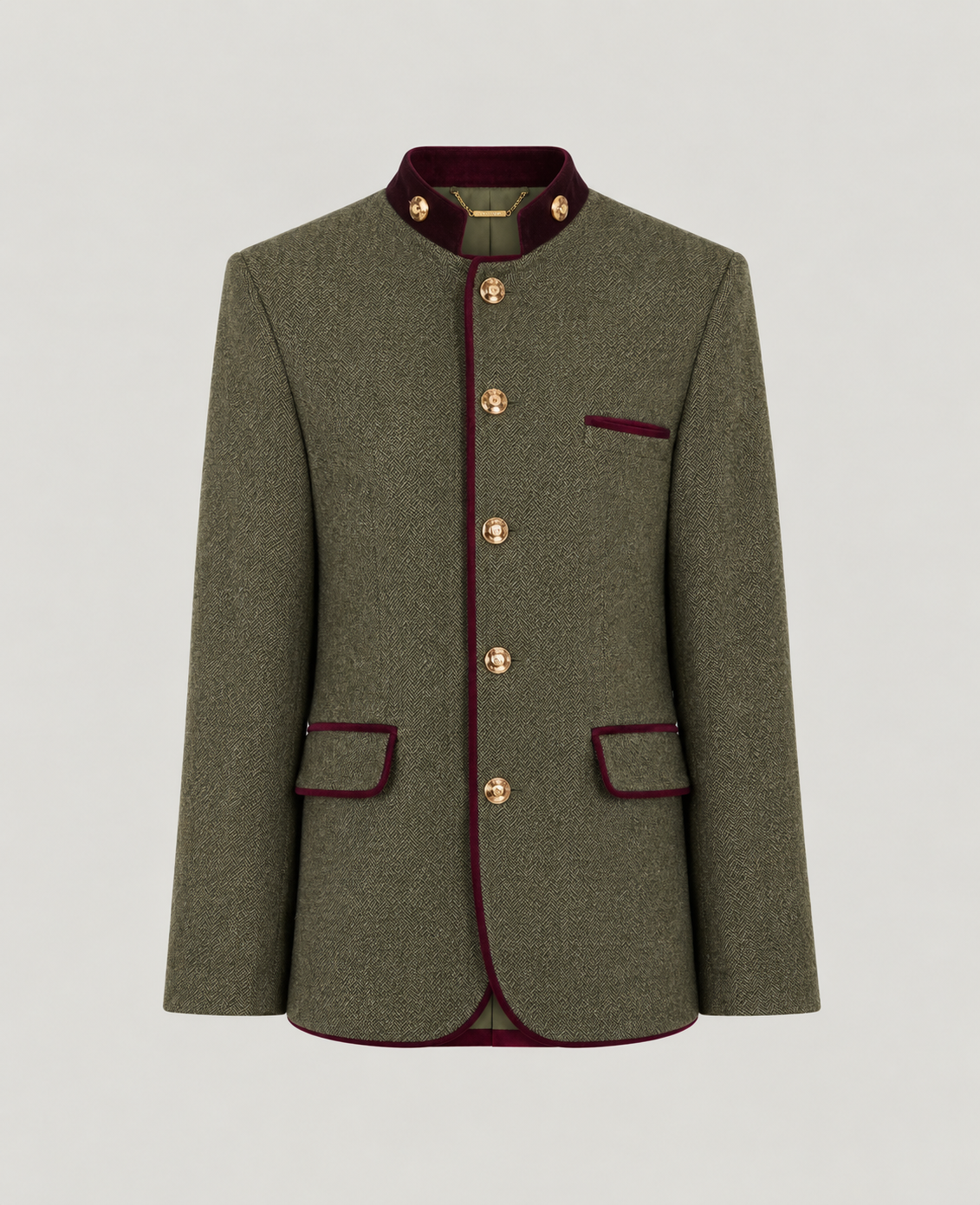 A traditional Austrian wool-blend jacket in olive green with deep maroon velvet trim and gold-tone buttons, displayed on a neutral light gray background.