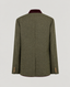 The back view of a textured olive green blazer with a contrasting dark burgundy collar and gold buttons on the cuffs, shown against a light gray background.
