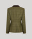 A women's tailored blazer shown from the back, featuring an olive green and brown windowpane check pattern with a contrasting dark brown collar and button details, set against a solid light gray background.