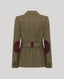 A women's tailored blazer shown from the back, featuring a brown and beige windowpane plaid pattern with dark red elbow patches and a matching waist belt.