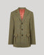 A classic three-button blazer in a green and brown windowpane tweed, featuring a vibrant pink lining visible at the collar, set against a solid gray background.