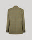 The back view of a classic tweed blazer in olive green and brown with a subtle orange windowpane check pattern, shown on a solid light gray background.