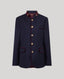 A navy blue traditional jacket with a mandarin collar, gold buttons, and burgundy velvet trim, displayed against a solid gray background.