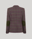 A men's plaid blazer shown from the back, featuring a dusty purple and green windowpane pattern with contrasting olive green elbow patches, set against a solid light gray background.