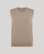 A sleeveless ribbed knit sweater vest in a light taupe-beige color, shown flat against a solid light gray background.