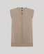 A sleeveless beige knit sweater vest shown from the back, featuring three dark buttons down the center back, set against a solid light gray background.