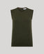 An olive green ribbed knit sleeveless sweater vest displayed flat against a solid light gray background.