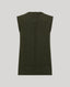 An olive green sleeveless ribbed knit sweater vest shown from the back, featuring a vertical ribbed seam down the center and three small decorative buttons at the neckline, set against a solid light gray background.