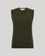 An olive green ribbed knit sleeveless sweater vest with contrasting suede-like shoulder panels, shown flat against a light gray background.