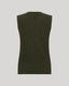 An olive green ribbed knit sleeveless sweater vest shown from the back, centered on a light gray background.