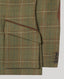 Close-up of a tailored jacket sleeve and flap pocket in an olive green plaid fabric with thin white and blue lines, plus a brown pocket flap edge and dark buttons.