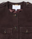 Brown suede jacket with button details and 'Really Wild' label on a neutral background