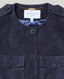 Navy blue jacket with button details and 'Really Wild London' label.