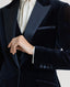 Close-up cuff with buttons on Mayfair Velvet Tuxedo Jacket in Midnight Navy Blue.