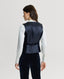 Back of Model wearing the Mayfair Velvet Waistcoat in Midnight Navy Blue showing the satin back with the antique brass buckle 