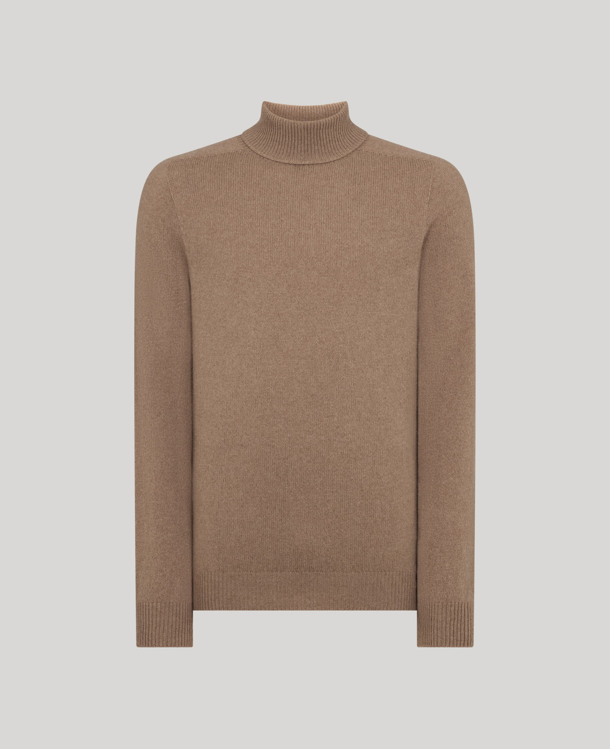 A classic brown knit turtleneck sweater displayed on a neutral light gray background.