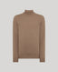 A classic brown knit turtleneck sweater displayed on a neutral light gray background.