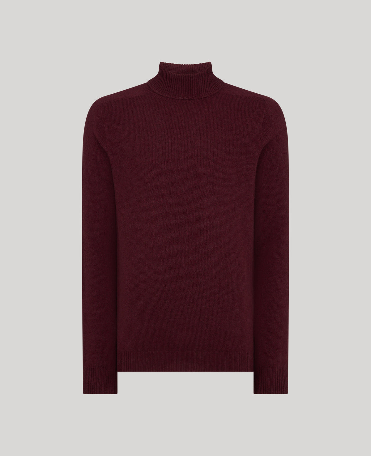 A dark burgundy ribbed-knit turtleneck sweater displayed flat against a solid light gray background.