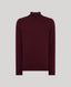 A dark burgundy ribbed-knit turtleneck sweater displayed flat against a solid light gray background.