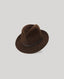 A dark brown felt fedora hat with a matching dark brown band, shown from a three-quarters perspective on a light gray background.