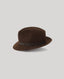 A dark brown felt fedora hat with a matching dark brown band, shown from a three-quarters angle on a light gray background.