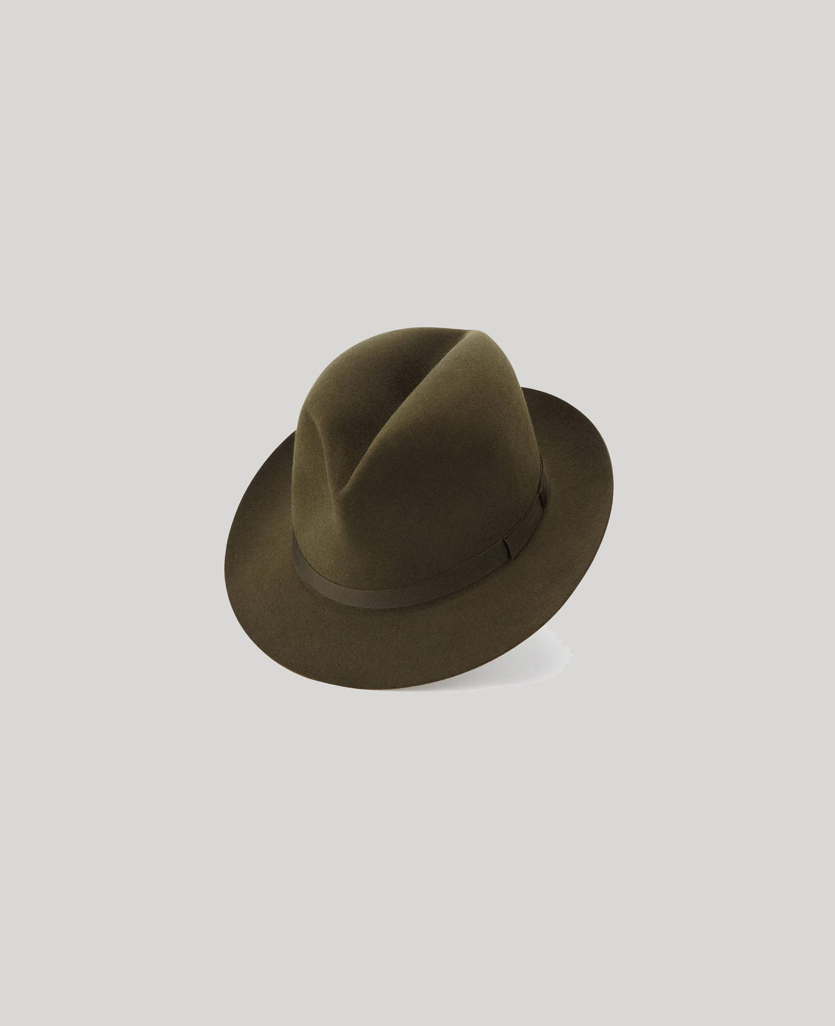An olive green felt fedora hat with a matching band, shown from a three-quarters perspective on a light gray background.