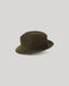 A dark olive brown felt fedora hat viewed from directly above, centered on a solid light gray background.