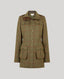 A classic tweed jacket in olive green and brown with a subtle red windowpane plaid pattern, featuring a high collar, button front, and flap pockets, shown on a neutral gray background.