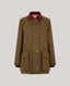 A brown tweed jacket with a dark red collar and button details, displayed on a neutral gray background.