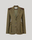 A tailored tweed blazer in olive-brown with dark brown shoulder panels, shown flat against a light gray background.
