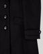 Close-up of a black coat showing the front button closure, a flap pocket, and a sleeve cuff with a button tab, photographed against a light gray background.