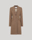 A mid-length brown wool coat with notch lapels, a single button closure, and flap pockets, shown on a neutral light gray background.