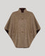 A brown and beige herringbone tweed cape jacket with a stand collar and three front buttons, displayed on a neutral gray background.