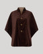 A dark brown cape-style jacket with a high stand collar, wide draped sleeves, and a front button closure, shown against a solid light gray background.