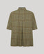 A cape with high mock neck, shown from the back. The fabric features a textured tweed weave in olive green, beige, and brown with a subtle grid pattern.