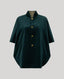 A dark green velvet cape with a high stand collar, gold-tone buttons, and side pockets, displayed on a neutral gray background.