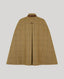 A tan and brown checkered wool cape with a dark brown collar, displayed on a neutral gray background.