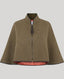 A brown wool cape jacket with a high stand-up collar, front zipper, and tassel detail, shown against a solid gray background.