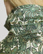 Close-up on RW embroidery on collar stand on Oak Print Silk Open Neck Shirt in Green and Cream