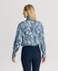 Back of model wearing Peacock Silk Fixed Tie Neck Blouse in Blue