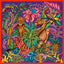 Colourful illustration of two animals in a jungle setting with flowers and plants on a scarf