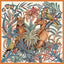 Artistic depiction of lions surrounded by floral and botanical elements on a scarf