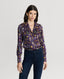 Model wearing Plumage Feather Print Silk Open Neck Shirt in Aubergine purple