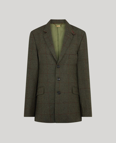 A dark olive green tweed blazer with a subtle brown windowpane check pattern and a visible olive green inner lining, shown against a solid light gray background.
