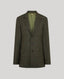 A dark olive green tweed blazer with a subtle brown windowpane check pattern and a visible olive green inner lining, shown against a solid light gray background.