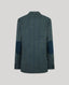 The back view of a textured blue tweed blazer with dark blue patchel elbow patches, shown on a neutral gray background.