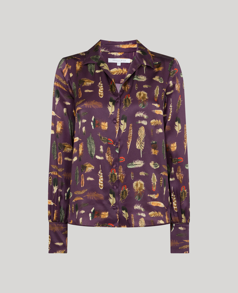 Plumage Feather Print Silk Open Neck Shirt